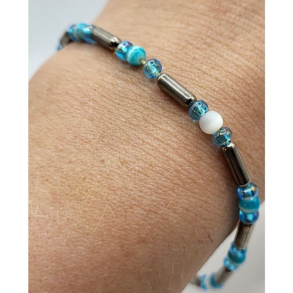 Beaded Blue Sterling Tiger's Eye Bracelet 7in